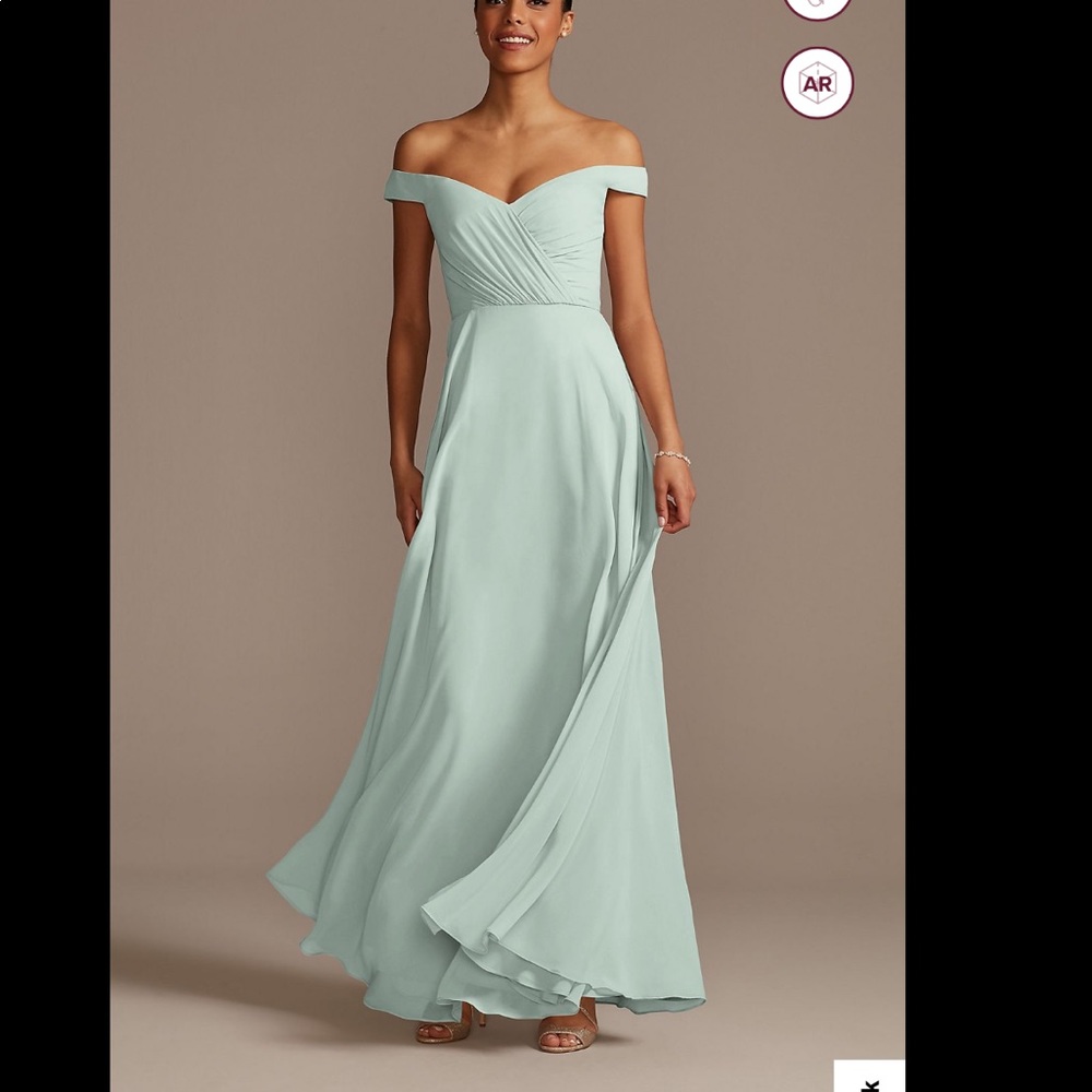 Off the Shoulder Full Skirt Bridesmaid Dress David’s bridal color dusty sage